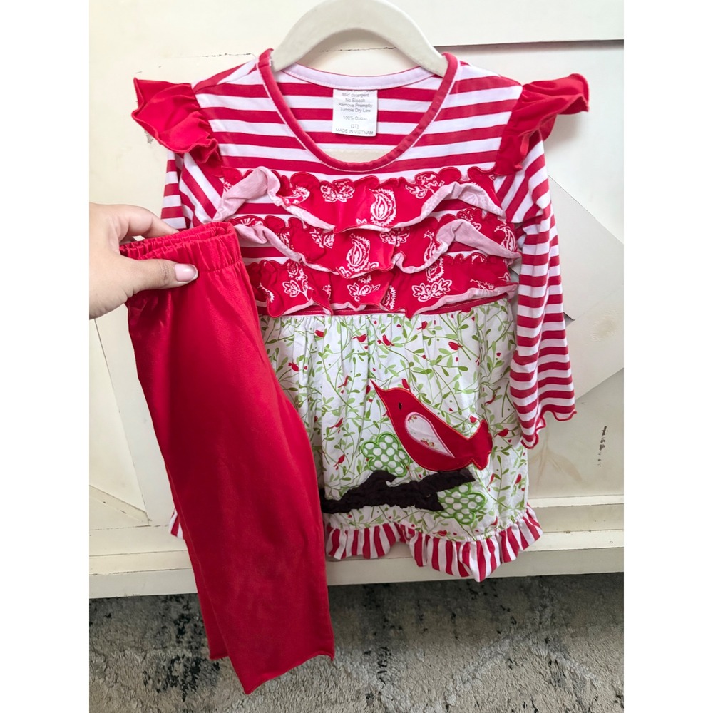 Millie Jay Girl's Ruffle Tunic & Leggings Set Christmas Red Bird Appliqué Sz 3T‎